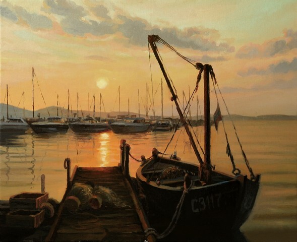 An oil painting on canvas of a romantic warm golden ocean sunset over the yacht harbor